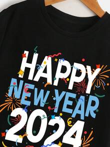 SHEIN 適合夏季的青少年男孩休閒2024新年印花短袖t恤 - 黑色 - 查看 3