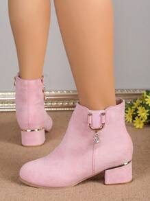 Women's Fashionable And Elegant Short Boots With Middle/Chunky Heels, Suede Material, Rhinestone Pendant, Side Zipper Closure, Pink Color