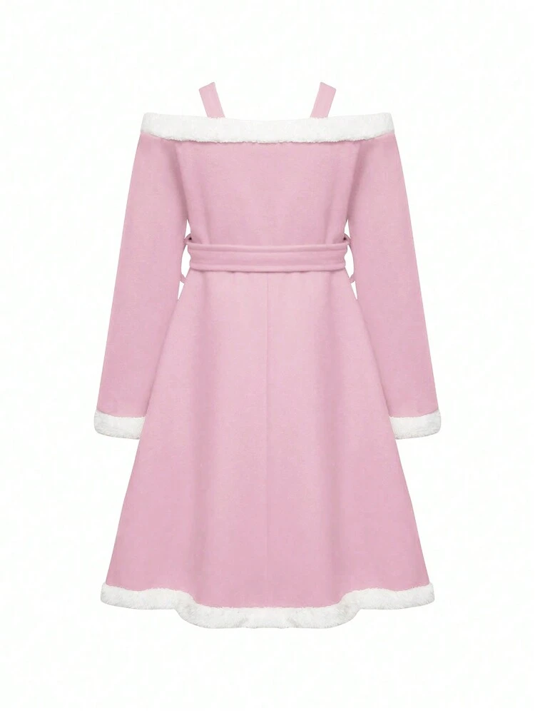Tween Girls' Off The Shoulder Patchwork Fluffy Dress With Waist Belt
