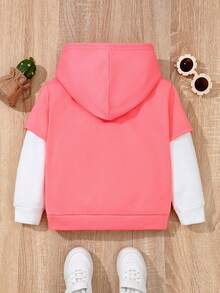 SHEIN 年轻男孩休闲拼布拼色连帽套头衫 - 粉色 - 查看 2