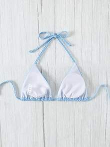 女士纯色提花吊带泳衣上衣 - 藍色 - 查看 2