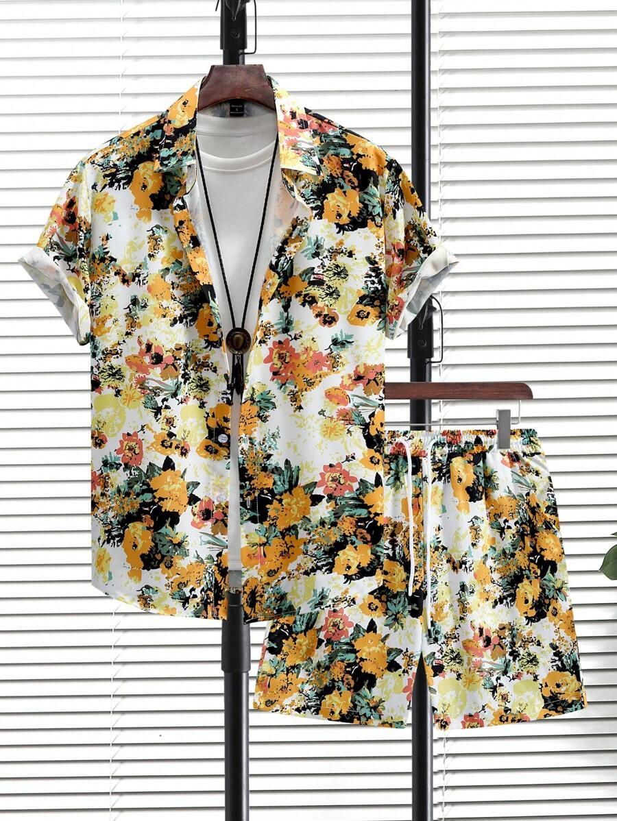 Manfinity Chillmode 男士花卉印花短袖襯衫和短褲兩件套 - 黃色 - 查看 1