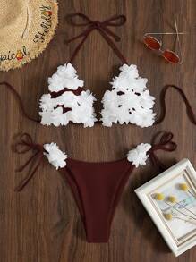3d Flower Decorated Bikini Set With Knotted Side Design - Burgundy - View 4