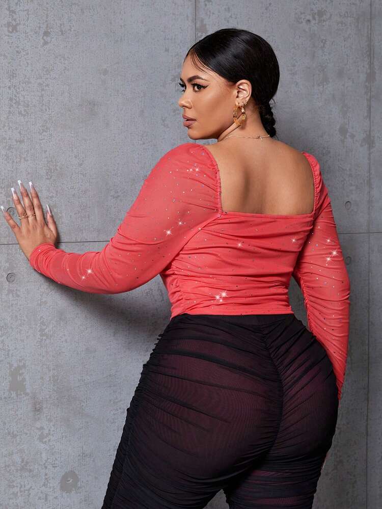 Plus Size Square Neck Long Sleeve Cropped T-Shirt