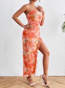 SHEIN Privé 女款花卉印花荷葉邊無肩帶洋裝 - 亮橙色 - 查看 4