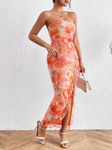 SHEIN Privé 女款花卉印花荷葉邊無肩帶洋裝 - 亮橙色 - 查看 5