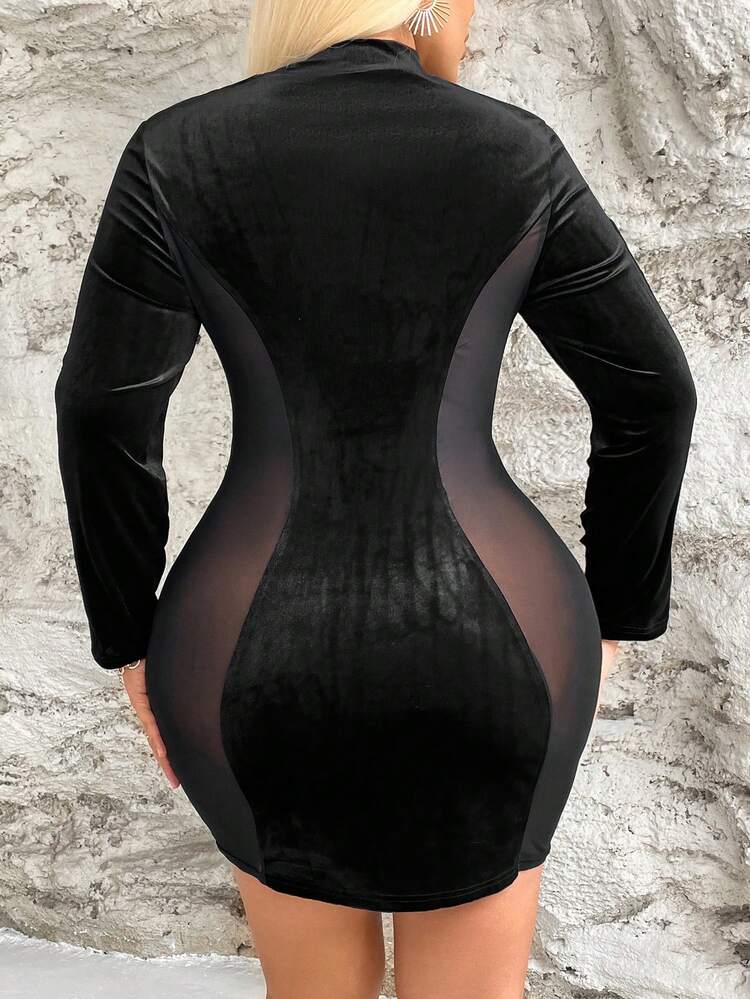Plus Size Hollow Front Mesh Insert Velvet Dress