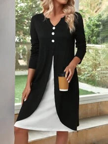 EMERY ROSE Women'S Contrast Color Long Sleeve Dress - Black and White - View 4