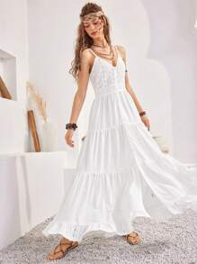 Bohemela Kỳ nghỉ Quý cô Xù Hoa Sen Váy Dây - Màu be - Xem 2