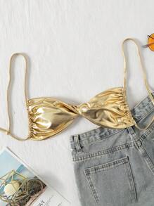 SHEIN Swim Áo bơi xoắn kim loại cho nữ - Vàng - Xem 6