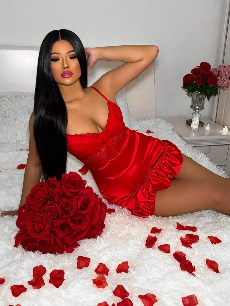 Zolique 女士芽戀蕾絲緞面背心裙 - 紅色 - 查看 1