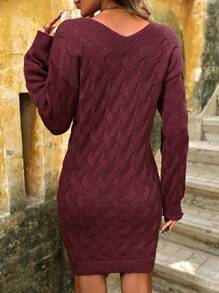 SHEIN LUNE Vestido Suéter Tricotado Com Decote Em V - Vinho - Visão 2