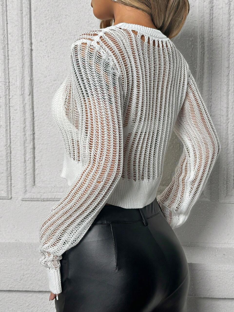 Women's Round Neck Hollow Knit Pullover Fall Winter Sweater