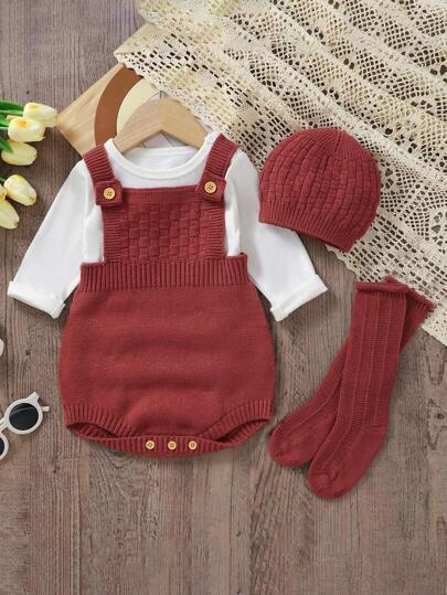 SHEIN 3 Pieces Burgundy Casual Outfit For Girls - Includes Bodysuit, And Matching Hat & Socks, Comfortable All-In-One Outfit