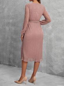 SHEIN Clasi 女式繫腰帶長袖連身裙 - 粉色 - 查看 3