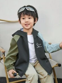 SHEIN 男童可愛恐龍圖案寬鬆色塊連帽外套,拼接款 - 灰色 - 查看 4