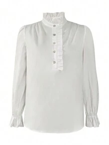 SHEIN Unity Của phụ nữ Lá sen tỉa Đứng cổ áo Tay áo dài Áo sơ mi - trắng - Xem 3