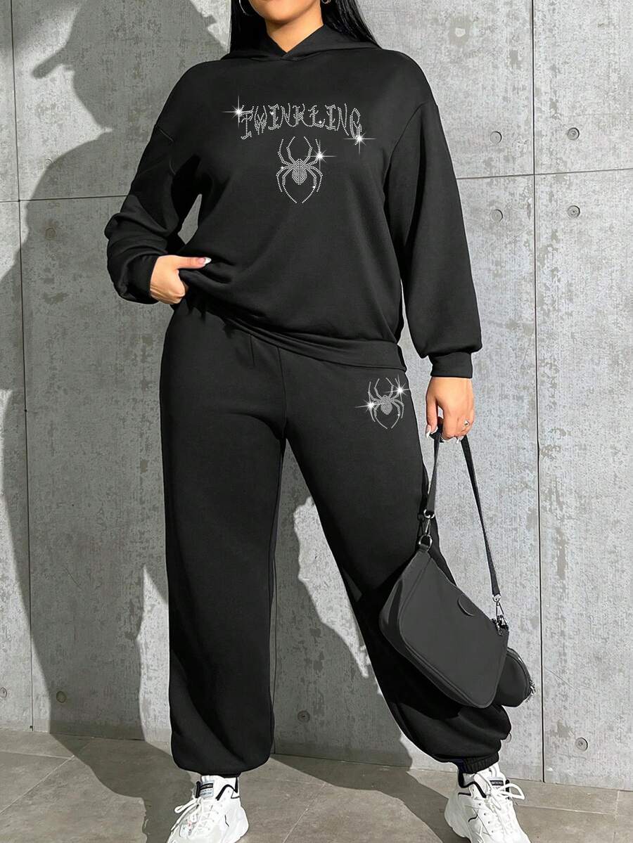 SHEIN Coolane Plus Size Sparkling Rhinestone Spider & Letter Print Hoodie And Pants Set - Black - View 1