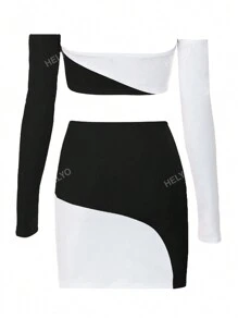 Women's Colorblock Off Shoulder Top And Skirt Set