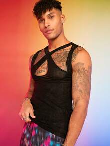 FeverCity 男式网眼撞色蕾丝上衣 - 黑色 - 查看 5