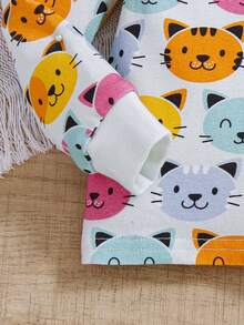 SHEIN Baby Girl Cute Cartoon Cat Pattern Snug Fit Home Clothes Set - White - View 4