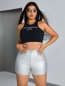 SHEIN ICON Plus Size Y2K Spodenki ze sztucznej skóry w jednolitym kolorze