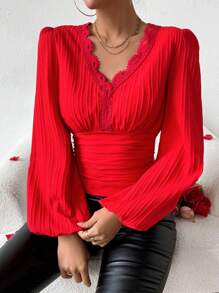 Calvaya Women's Solid Color Lace Patchwork Lantern Sleeve Shirt For New Year Clothes