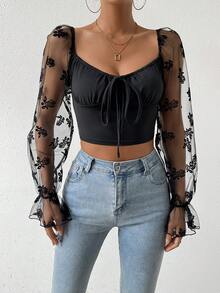 SHEIN Privé 植絨網布拼接短上衣 - 黑色 - 查看 8