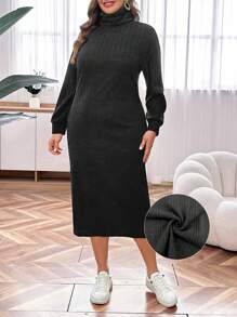 SHEIN LUNE Plus Size Women'S Turtleneck Ribbed Dress - Black - View 1
