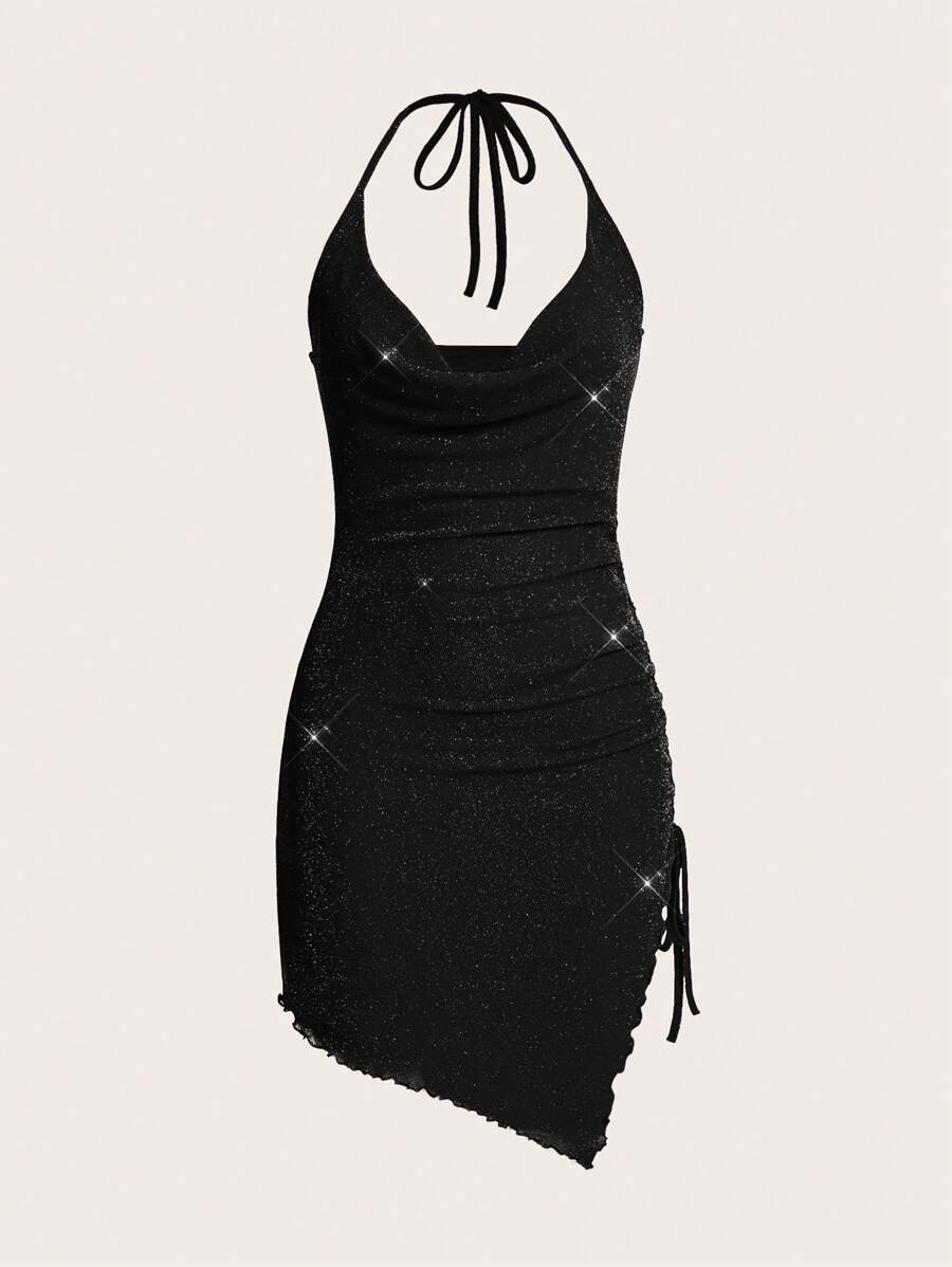 SHEIN ICON Của phụ nữ Áo cổ bò Halter Neck Dải mỏng Lấp lánh Đầm - màu đen - Xem 1