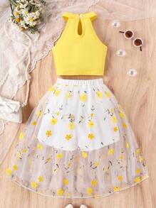 Tween Girls' Solid Halter Top And Flower Embroidery Mesh-Overlay Skirt Set, School, Campus, College - Yellow - View 2