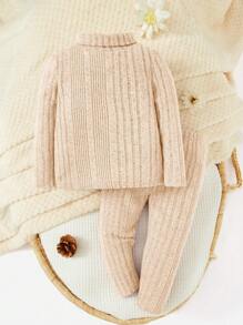 SHEIN Baby Girl Casual Knitted Two-Piece Turtleneck Top And Pants Suit - Khaki - View 1