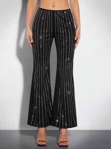 SHEIN BAE Thickened Delicate Rhinestone Summer Streetwear Low Waist Flared Pants In Solid Black - Black - View 5