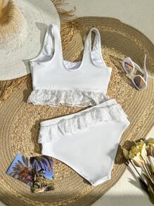 SHEIN Swim Women's Contrast Lace Tank Top Bikini Set Summer Beach - White - View 3