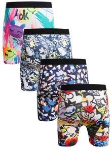 Men's Letter Cartoon Print Boxer Briefs (4-Piece Set) - Multicolor - View 2