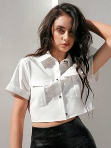 Anewsta 女士短袖襯衫,帶有裝飾口袋 - 白色 - 查看 4