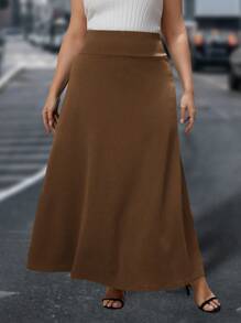 SHEIN Clasi Plus Size Rose Print Color Block Skirt, Suitable For Autumn And Winter - Coffee Brown - View 5