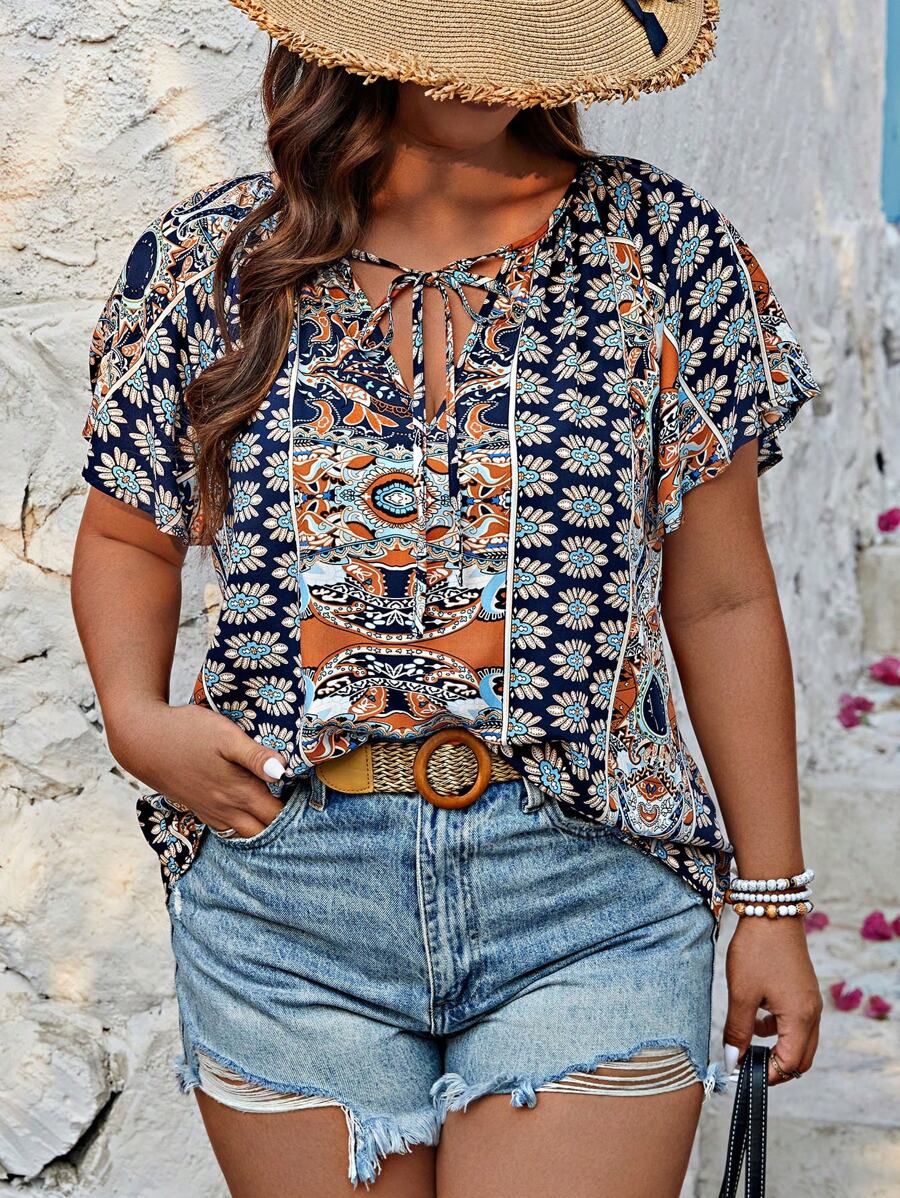 Breezaya Plus Size Random Printed Tie Front Short Sleeve Blouse, Summer - Navy Blue - View 1