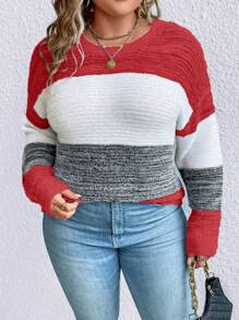SHEIN LUNE Plus Size Contrasting Drop Shoulder Sweater Knit Pullover Fall Winter - Red - View 1