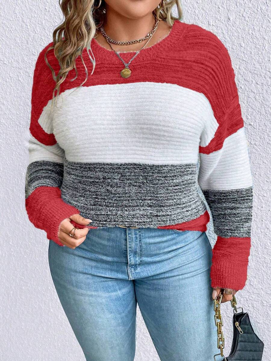 SHEIN LUNE Plus Size Contrasting Drop Shoulder Sweater Knit Pullover Fall Winter - Red - View 1