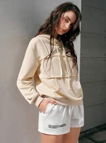SHEIN Unity Women's Solid Color Hooded Sweatshirt With Drawstring Pullover Fall Sweatshirt - Apricot - View 1