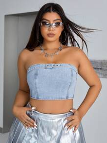 SHEIN ICON Plus Size Bandeau Denim Top - Light Wash - View 1