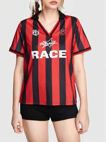 ROMWE 女士色塊條紋字母印花t恤 - 彩色 - 查看 4