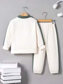 SHEIN Young Boys' Loose College Patchwork Color Block Lapel Sweatshirt And Trousers Two-Piece Set - Multicolor - View 2