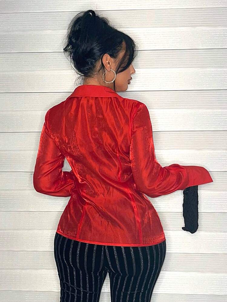 Red Lapel Collar Long Sleeve Shirt