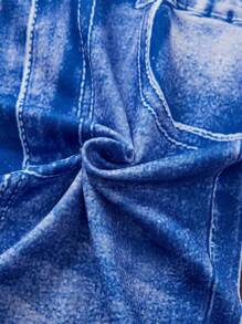 EMERY ROSE Plus Denim-Effect & Floral Print Summer Outfits Leggings,Spring - Blue and White - View 7