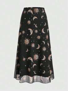 ROMWE Hippie Chân váy midi vải tuyn Moon, Sun & Stars Queen - màu đen - Xem 1