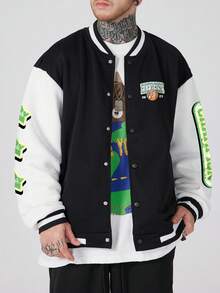 ROMWE MEN Street Life 男士籃球字母圖案雙色學位夾克 - 黑與白 - 查看 2