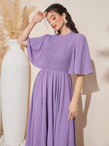 Modelyn Shirred Paneled Bell Sleeve Dress Without Belt - Purple - View 3