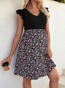 SHEIN Vestido de embarazo de manga corta con parche floral - Negro - Ver 1